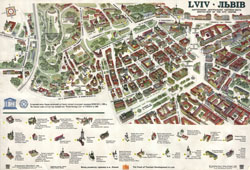 Detailed panoramic and tourist map of Lviv city center in Ukrainian and English.