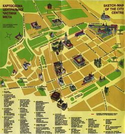 Detailed tourist map of Lviv city center in Ukrainian and English.