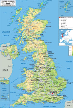 Detailed physical map of United Kingdom with all roads, cities and airports.