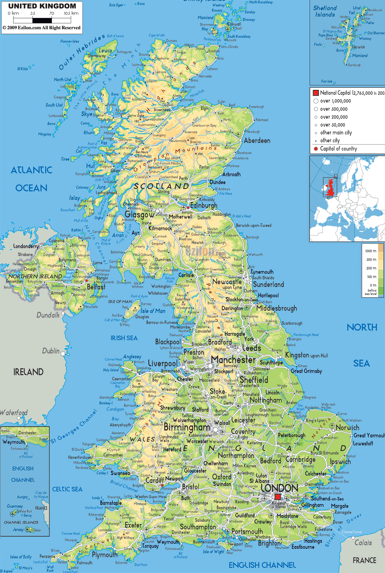 Detailed Physical Map Of United Kingdom With All Roads Cities And Airports 
