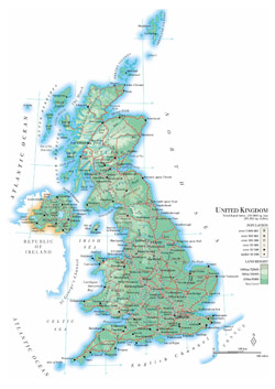 Detailed physical map of United Kingdom with roads, cities and airports.