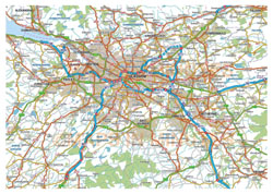 Large detailed roads map of Glasgow and the surrounding area with airports.