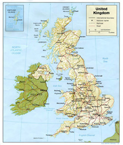 Political map of United Kingdom with relief, roads and cities.