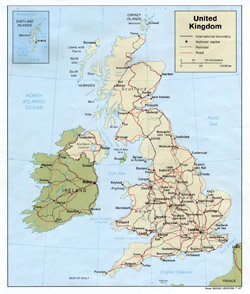 Political map of United Kingdom with roads and cities.