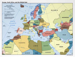 Large political map of Europe, North Africa and the Middle East - 1998.