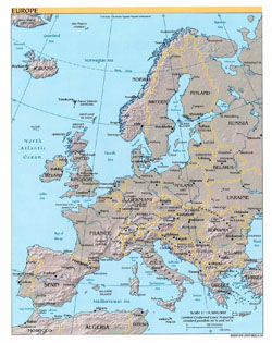 Political map of Europe with relief and capitals.