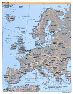 Political map of Europe with relief.